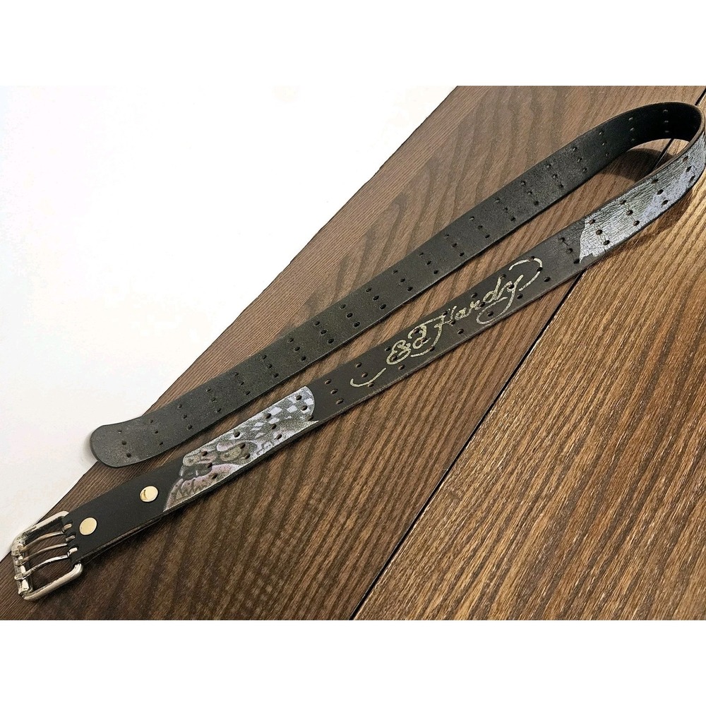 Vtg Y2K Ed Hardy Spell-Out Bulldog Tiger Genuine Leather 3 Prong Belt 46.5"